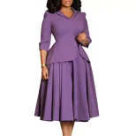 Plus Size Womens Dress Autumn Fashion Solid Color Three Quarter Sleeve Suit Collar Flared Skirt
