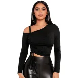 Womens Trendy Spring Summer T Shirt Off Shoulder Slim Fit Solid Color Asymmetrical Neckline Casu