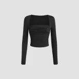 Long Sleeve Knit Top Square Neck Fitted Pleated Design Autumn Winter Fashion for Women Ready to