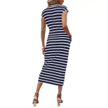 Elegant Striped Maxi Dress Waist Tie Round Neck Short Sleeve Summer Fashion for Women Wholesale