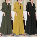 Cotton Linen Long Sleeve Shirt Dress Solid Color Pocket Design Loose Fit Casual Everyday Wear Re