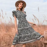 Vintage Floral Ruffle Hem Dress Slim Fit Bohemian Style Summer Wear Available for Wholesale OEM