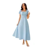 Womens Elegant Solid Color Midi Dress Square Neck Tie Waist A Line Silhouette Summer Casual Wear