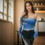 Off Shoulder Long Sleeve T Shirt Blue Floral Print Slim Fit Autumn Fashion Wholesale Available