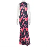 Bodycon Floral Print Maxi Dress Slim Fit Sexy Strapless Hollow Out Design Evening Wear Wholesale