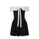 Off Shoulder Dress Butterfly Knot Tie Waist Defined Short Sleeve Autumn Winter Fashion for Women