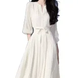 White Chiffon Dress for Women Elegant Fit Short Sleeve Round Neck Casual Summer Wear