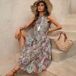 Vintage Bohemian Print Sleeveless Dress Stand Collar Drawstring Waist Relaxed Fit Perfect for Su