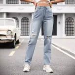 High Waisted Wide Leg Jeans Loose Fit Straight Cut Durable Denim Casual Wear for Women Wholesale
