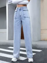 High Waisted Straight Leg Denim Pants Pocket Design Casual Style Womens Fashion Wholesale Availa