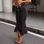 Irregular Hem Bodycon Denim Skirt Womens Fishtail Design Stretch Fabric Casual Chic Wholesale Av