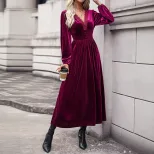 Long Sleeve Velvet Dress for Women Solid Color Elegant Design Autumn Winter Wear