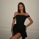 French Style Off Shoulder Dress Elegant High Waist A Line Silhouette Solid Color Perfect for Par