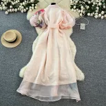 Elegant Womens Summer Dress with Floral Print Lantern Sleeves and Waist Tie in White Apricot and Blue for Casual Occasions