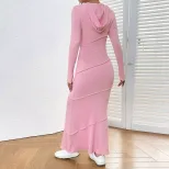 Womens Hooded Long Sleeve Fishtail Dress Slim Fit Casual Style Elegant Design Autumn Winter Coll