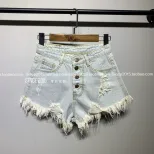 夏季新款高腰破洞排扣牛仔短裤女宽松显瘦A字性感热裤毛边阔腿裤