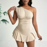 Elegant Womens Dress Asymmetrical Neckline High Waist Flared Hem Spring Summer Fashion Wholesale