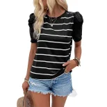Retro Striped T Shirt Lace Puff Sleeves Summer Style Womens Fashion Wholesale Available ready to