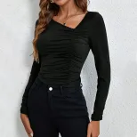 Slim Fit Knitted Long Sleeve T Shirt Asymmetrical Neckline Versatile Style Fashionable Chic Autu
