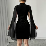 High Neck Bodycon Dress Black Short Sleeve Sequin and Mesh Paneling Evening Wear or Party Dress