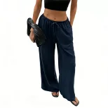 Womens Cotton Linen Wide Leg Pants Loose Fit Lightweight Pocketed Summer Beach Casual Trousers W