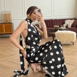 Polka Dot Print Two Piece Set Multicolor Sleeveless V Neck Summer Skirt Casual Wear Wholesale Av