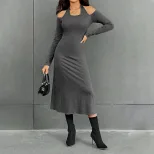 Fashionable Womens High Waist Solid Color Midi Dress Simple Design Halter Neck Slim Fit Autumn W