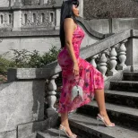 Sleeveless V Neck Floral Print Midi Dress Backless High Slit Elegant Style Perfect for Summer Ev