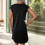 Casual T Shirt Dress Lace Panel Sleeveless Black Straight Fit Summer Wear Wholesale Available