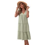 Sleeveless V Neck Cotton Linen Dress Solid Color Summer Style Casual Wear Wholesale Available