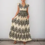 Floral Print Maxi Dress Black and White Ruffled Sleeves Ethnic Vacation Style Wholesale Availabl