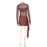 Womens Sexy Sheer Mesh Patchwork Hollowed Ruched Long Sleeve Dress Elegant Fit Round Neck Trendy