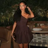 Off Shoulder Pleated Mini Dress Elegant Ruffle Hem Slim Fit Solid Color Fashionable for Parties