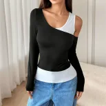 Asymmetrical Long Sleeve Top Black and White Color Block Unique Design for Spring and Autumn Who