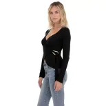 Womens Black V Neck Long Sleeve Knit Top Unique French Design Waist Tie Gold Ring Detail Casual