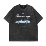 Loose Fit European Style Car Print Short Sleeve T Shirt for Women Summer Wash Effect Vintage Des