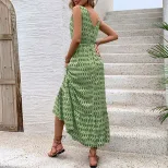 Elegant Geometric Print Sleeveless Dress Summer Casual Wear Waist Defining Design Available for