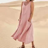 Summer Womens Cotton Linen Dress Sleeveless Round Neck Pocket Design Casual Wear for Everyday Us