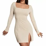 Knitted Bodycon Dress Sexy Split Hem Waist Cinching Long Sleeve Square Neck Evening Wear Party D