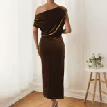 Velvet One Shoulder Dress Slim Fit Side Slit Elegant Design Spring Summer Party Gown Wholesale A
