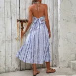 Geometric Print Halter Neck Dress for Women Summer Beach Vacation Style Available in Blue Wholesale Sizes S to XL