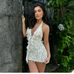 Sexy Backless Halter Bodycon Dress Deep V Neck Slim Fit Adjustable Tie Spring Summer Fashion Who