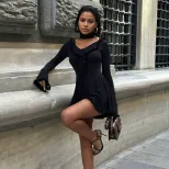 Chiffon A Line Dress Long Sleeve V Neck Ruffle Trim Slim Fit Fashionable for Parties or Casual E