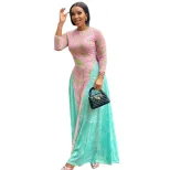 Floral Print A Line Dress Slim Fit Ruffled Round Neck Long Sleeve Elegant Casual Wear for Women