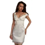 Summer French Style Satin Lace Spliced V Neck Slip Dress Slim Fit Elegant Short Length Perfect f