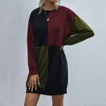 Womens Long Sleeve Color Block Dress Casual Fit Available in Red Blue Green Wholesale Ready to Ship