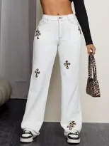 Casual Leopard Print Straight Leg Jeans Womens Fashion European and American Style Perfect for E