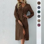 Fashionable Womens Long Sleeve Dress V Neck Single Breasted Elegant Design Autumn Wear Wholesale