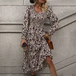 Vintage Inspired Long Sleeve V Neck Dress Abstract Print Casual Vacation Ready Wholesale Availab