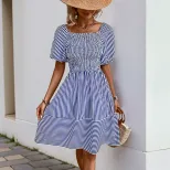 French Country Style Striped Dress Sweet Square Neck Puff Sleeves Lightweight Fabric Perfect for